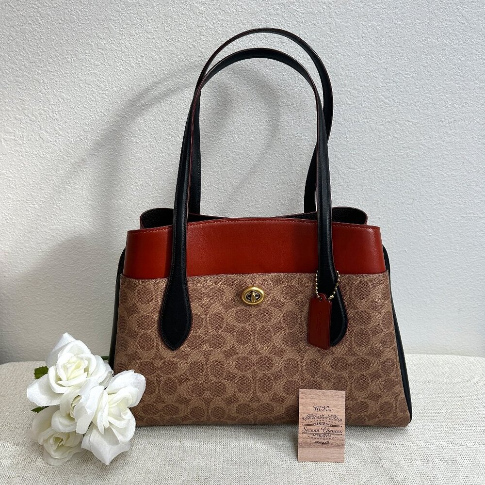 Coach Lora Colorblock Carryall Tote 89087 - Tan Rust/Brass Coated Canvas in EUC